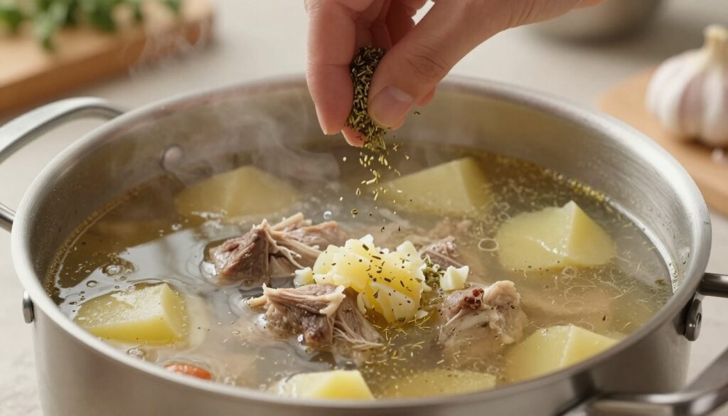 Dodawanie majeranku i czosnku do żuru śląskiego