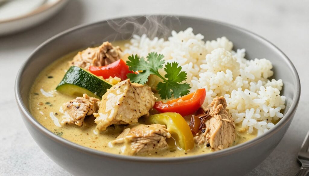 Gotowe ketogeniczne curry z kurczakiem podane z ryżem kalafiorowym