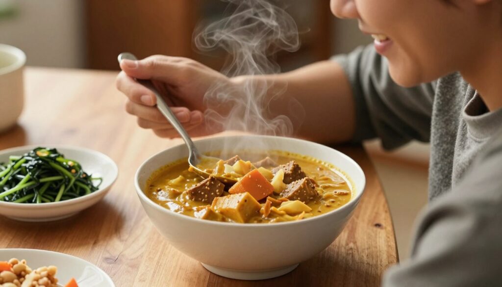 Osoba ciesząca się ketogenicznym curry w przytulnej atmosferze