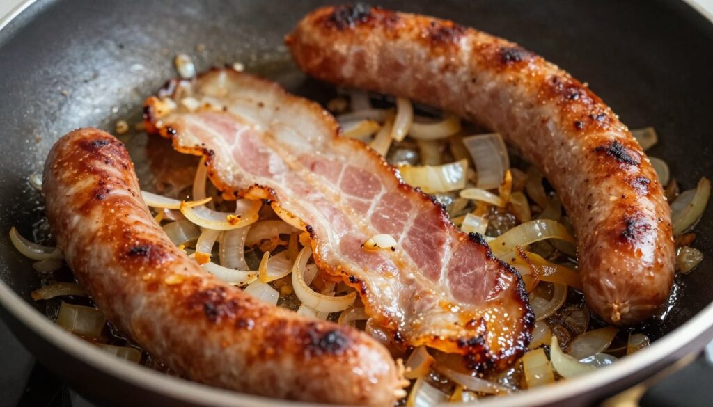 Podsmażanie boczku i kiełbasy śląskiej na patelni