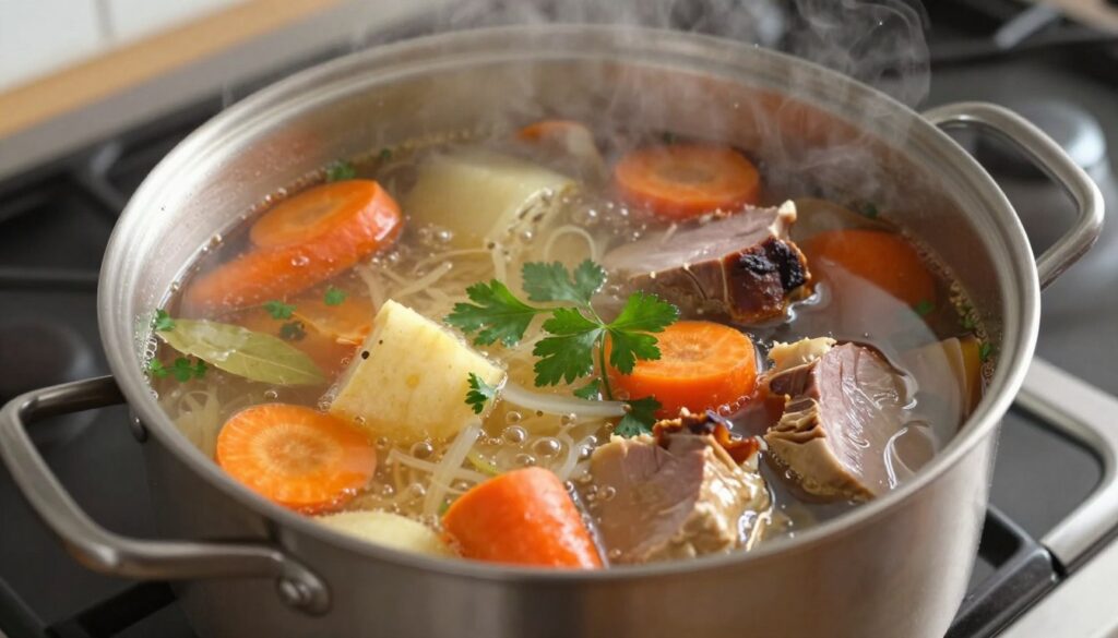 Proces gotowania wywaru na żur śląski z warzywami i wędzonką