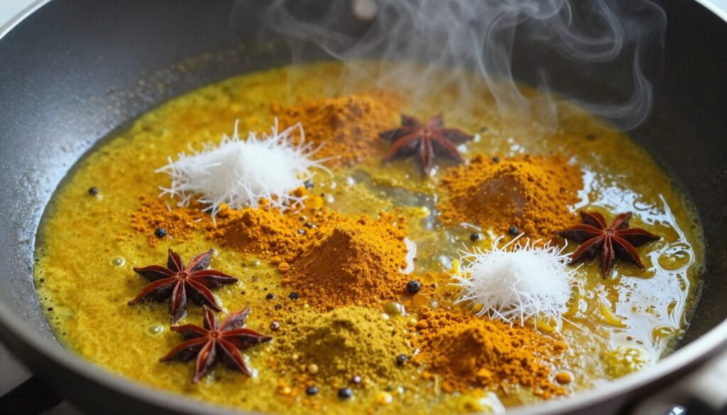 Proces przygotowania ketogenicznego curry - smażenie przypraw w oleju kokosowym
