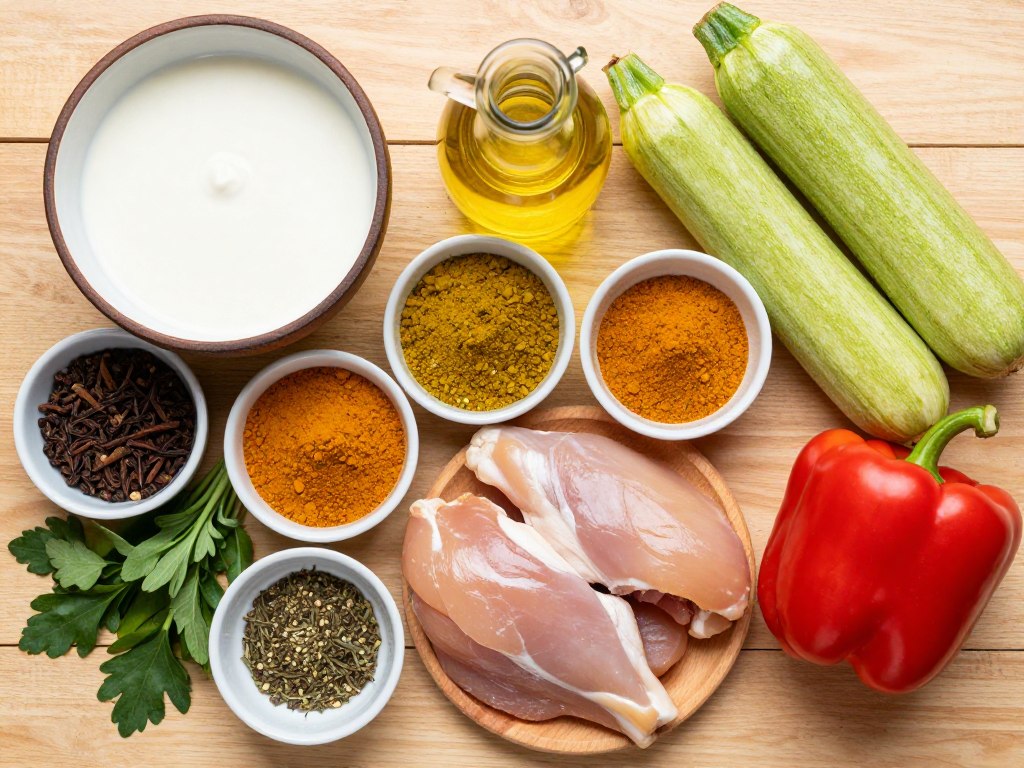 Składniki do ketogenicznego curry ułożone na drewnianym blacie