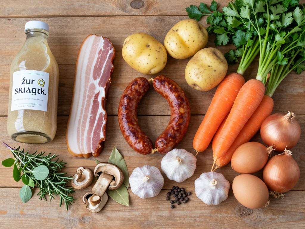 Składniki potrzebne do przygotowania żuru śląskiego ułożone na drewnianym stole