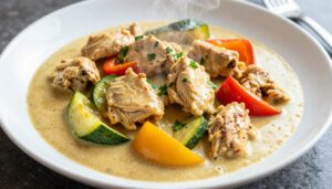 Talerz z aromatycznym ketogenicznym curry z kurczakiem i warzywami niskowęglowodanowymi
