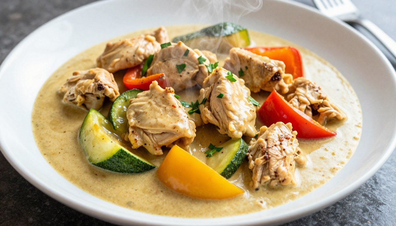 Talerz z aromatycznym ketogenicznym curry z kurczakiem i warzywami niskowęglowodanowymi