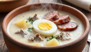 Tradycyjny żur śląski podany w glinianej misce z jajkiem i kiełbasą