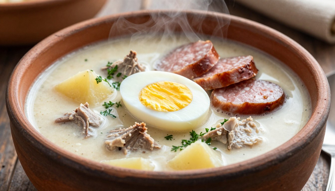 Tradycyjny żur śląski podany w glinianej misce z jajkiem i kiełbasą