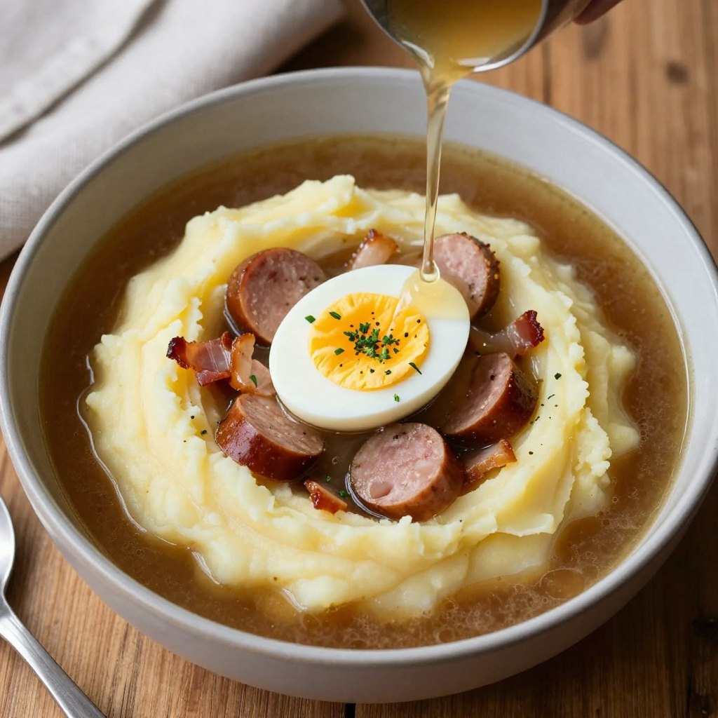 Żur śląski podany na tłuczonych ziemniakach