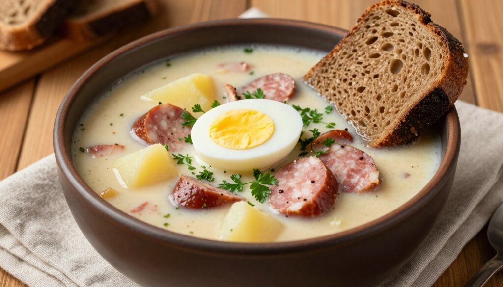 Żur śląski podany w głębokim talerzu z jajkiem i kiełbasą