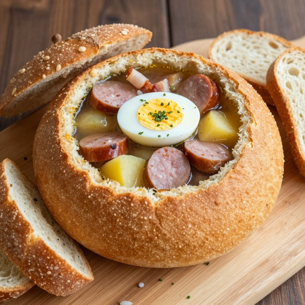 Żur śląski podany w wydrążonym chlebie