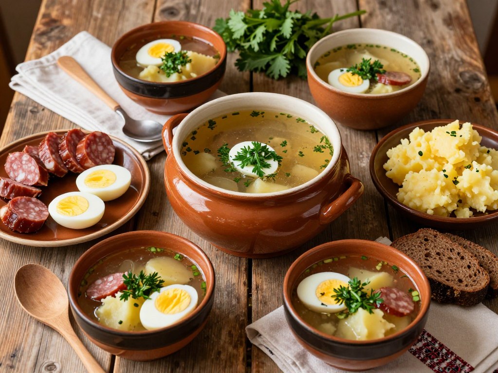 Żur śląski podany z różnymi dodatkami na stole