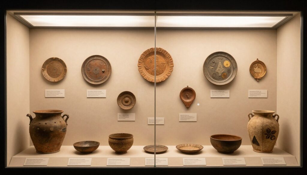 Etnograficzne eksponaty śląskie w muzealnej gablocie z opisami