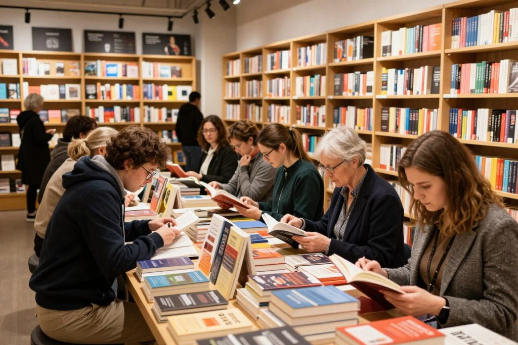 Różni czytelnicy przeglądający książki o Śląsku w księgarni