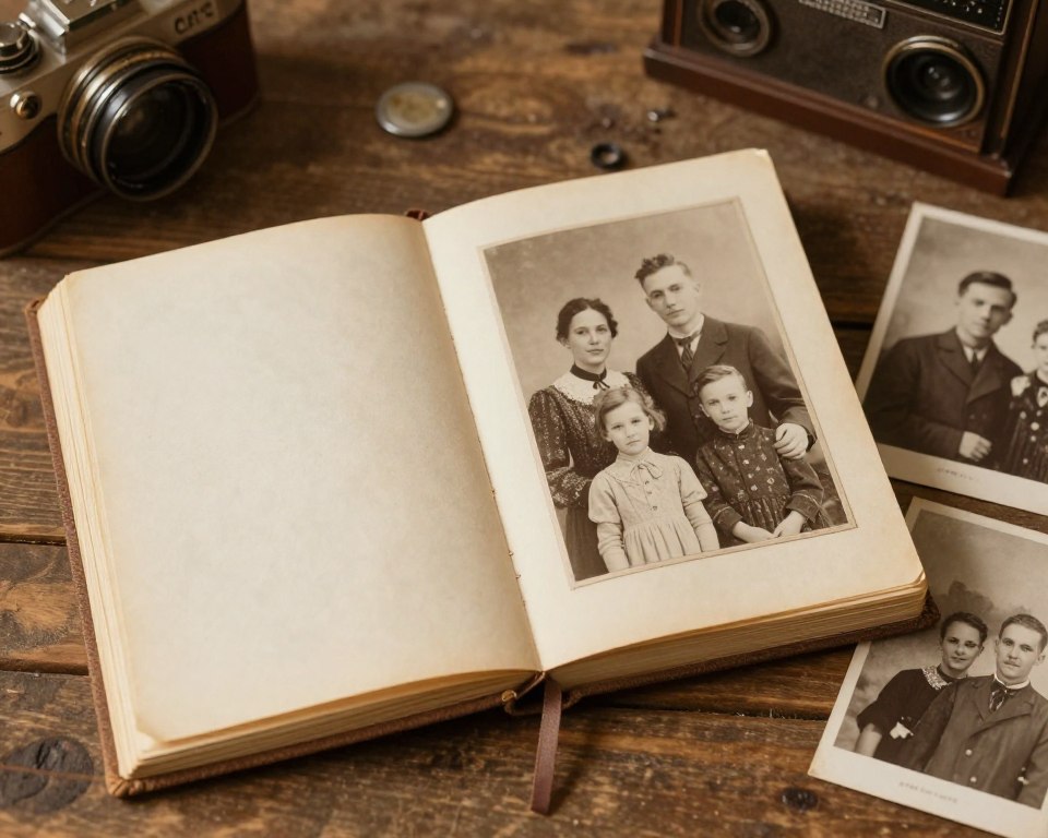 Stary pamiętnik z pożółkłymi kartkami i fotografiami rodzinnymi z czasów przedwojennych