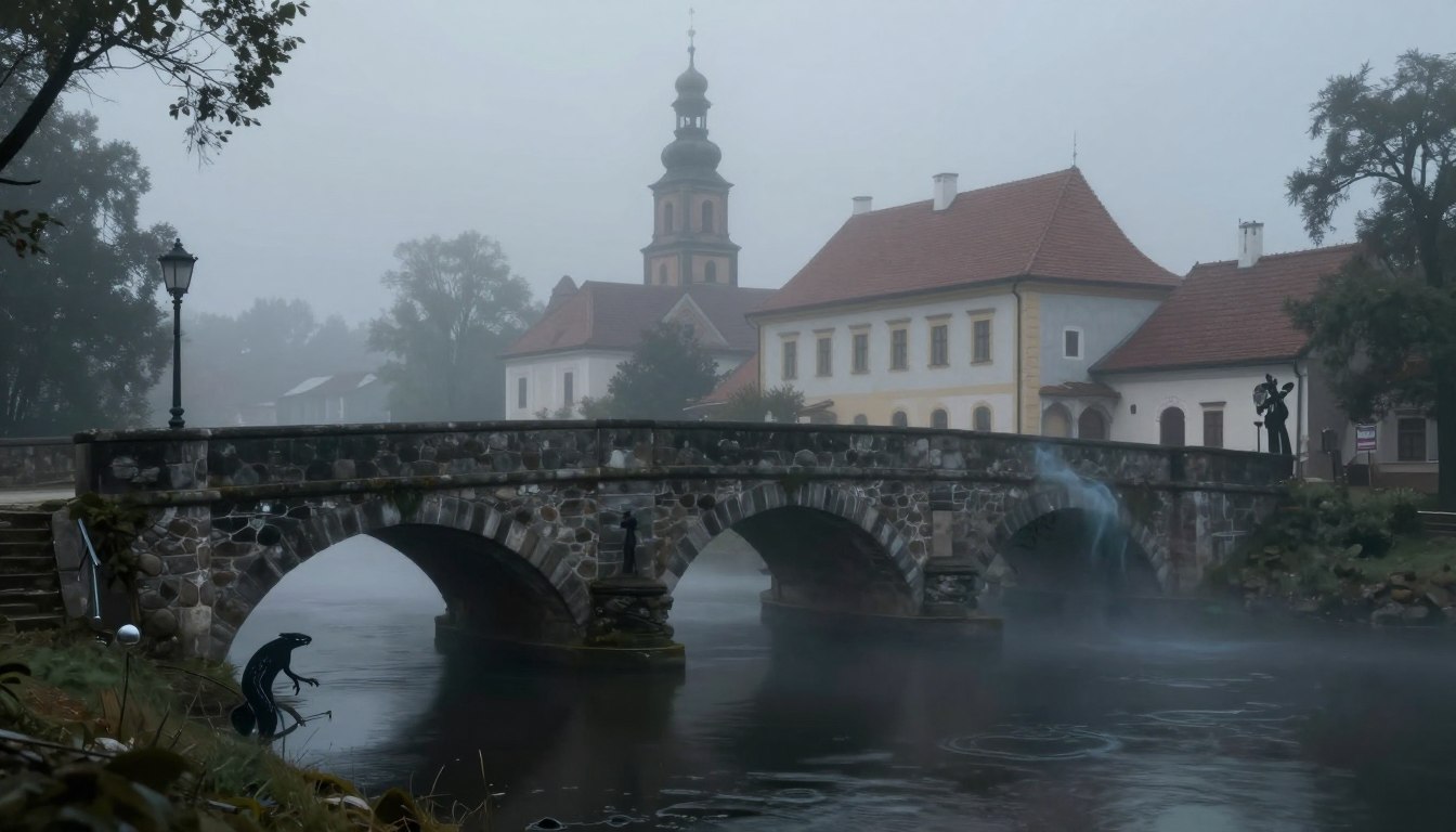 Bieruńskie utopce w mglistej wodzie przy starym moście