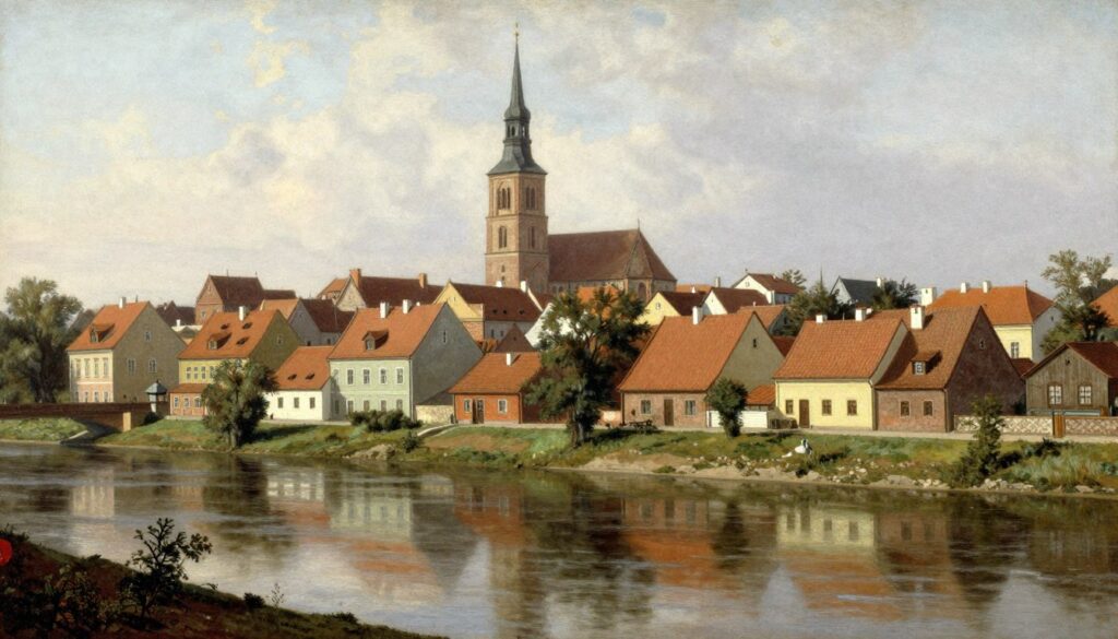 Historyczny widok Bierunia z rzeką i starymi budynkami