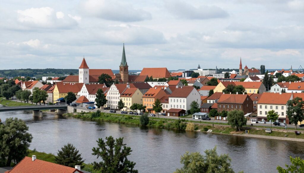 Panorama współczesnego Bierunia z rzeką i mostami wtle