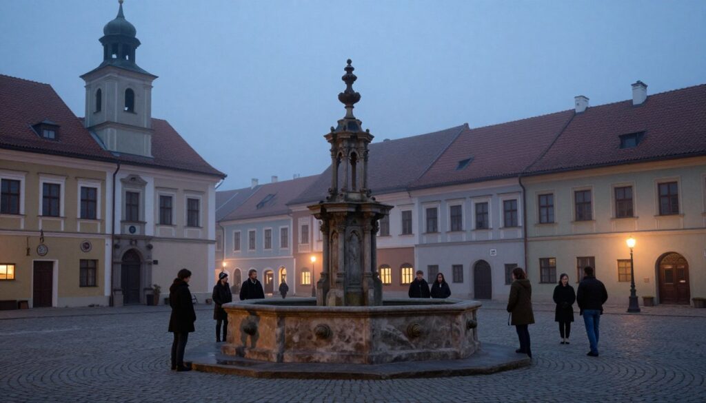 Stary rynek w Bieruniu z fontanną, gdzie według legend pojawiały się utopce