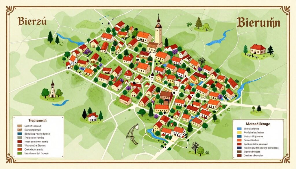 Turystyczna mapa Bierunia z zaznaczonymi miejscami związanymi z legendami